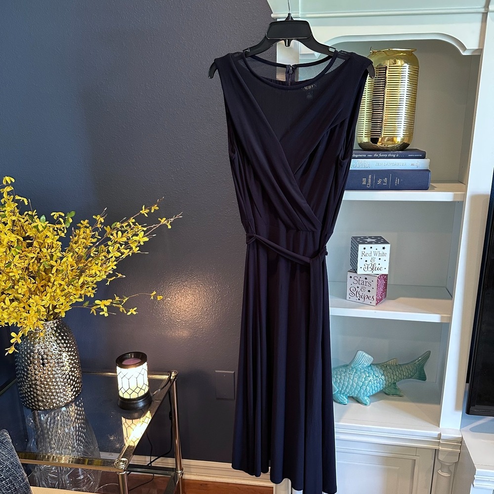 Ralph Lauren Women's Dress 12 Navy Blue Sheer Sleeveless Maxi Dress Full Skirt L